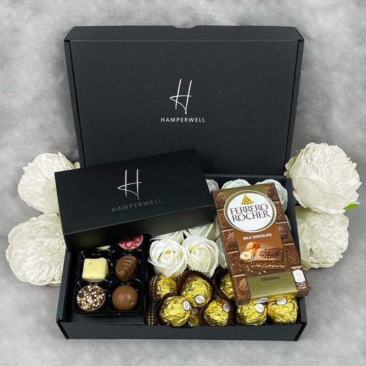 Ferrero Rocher Ultimate Gift Hamper With Ivory Roses-Food and beverage-www.Shopthatapp.com-HamperWell