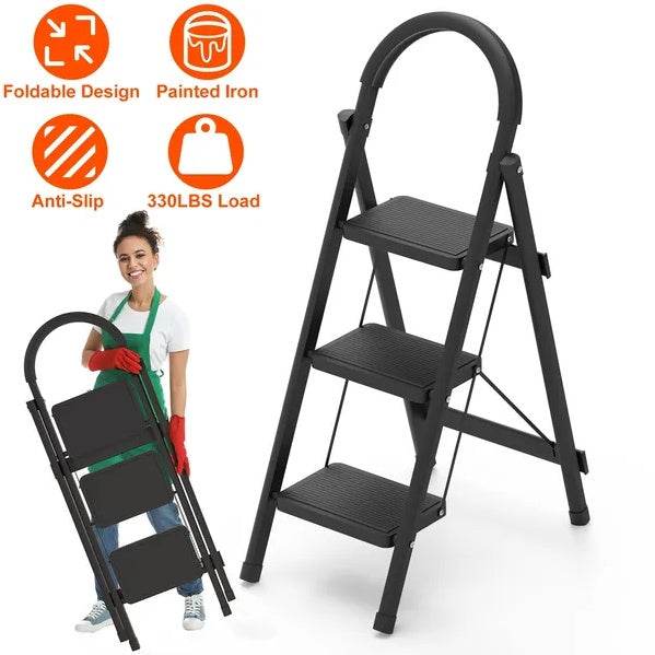 3-Step Folding Ladder, 330lbs Load Capacity, Lightweight 6.94lbs With 1.57in Folding Width, Heavy Duty Steel Construction, Non-Slip Pedals & Feet, Safety Lock, Multi-Use For Home Kitchen Living Room - www.Shopthatapp.com