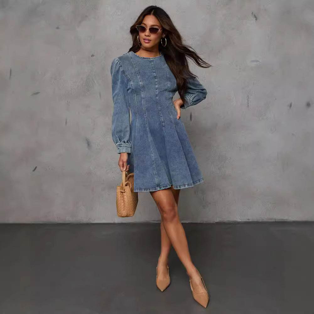 Elegant Patchwork Waist-slimming Women's Denim Long Sleeve Dress - www.Shopthatapp.com
