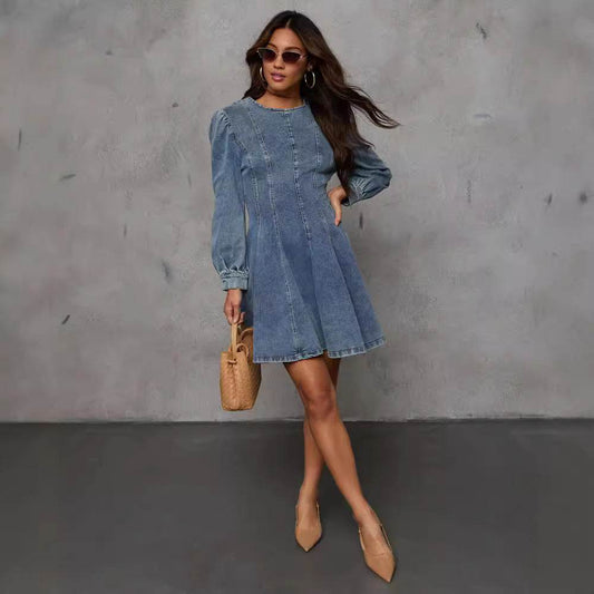 Elegant Patchwork Waist-slimming Women's Denim Long Sleeve Dress - www.Shopthatapp.com