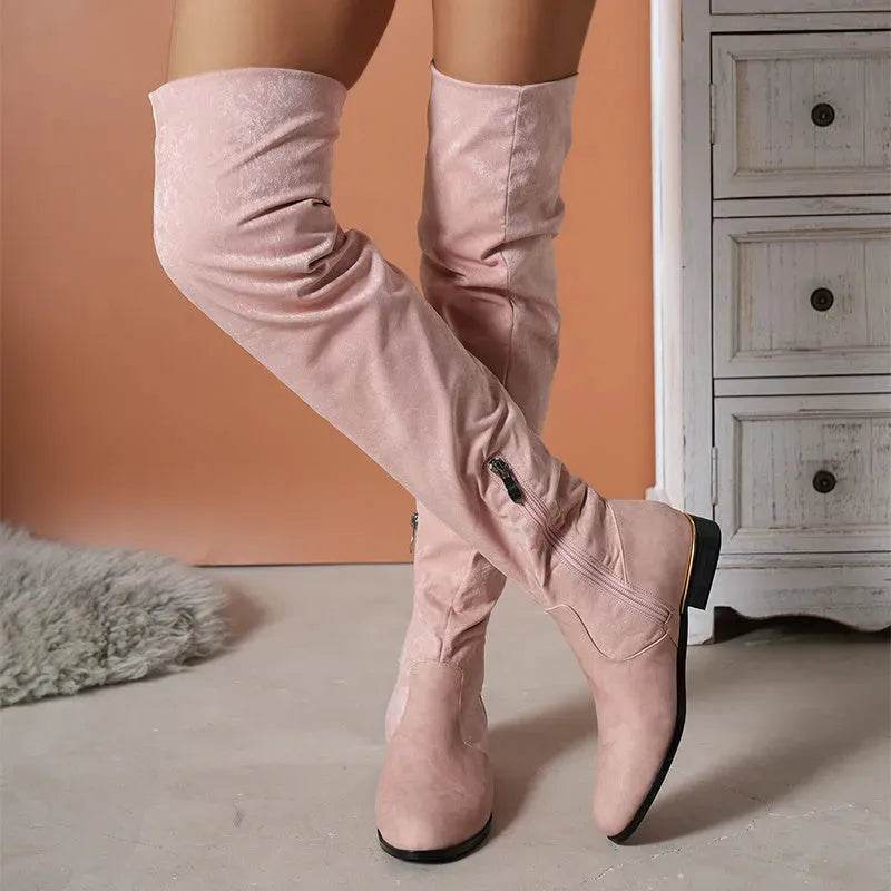 Fashion Over-the-knee Boots For Women Suede Stitching Low-heeled Long Boots With Side Zipper Design Party Shoes Winter - www.Shopthatapp.com