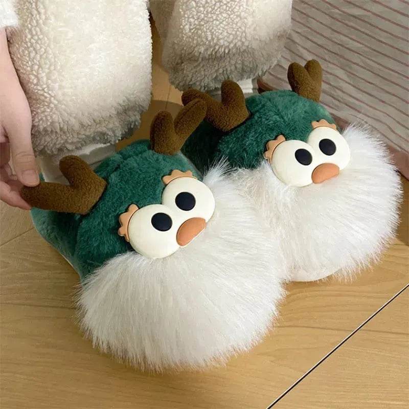Cute Cartoon Christmas Deer Cotton Shoes Winter Indoor Floor Home Slippers Half-covered Heel Warm Plush Shoes Women - www.Shopthatapp.com
