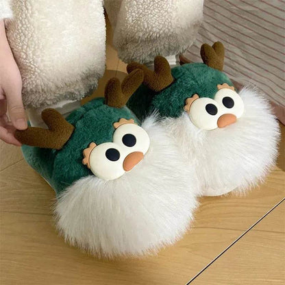 Cute Cartoon Christmas Deer Cotton Shoes Winter Indoor Floor Home Slippers Half-covered Heel Warm Plush Shoes Women - www.Shopthatapp.com