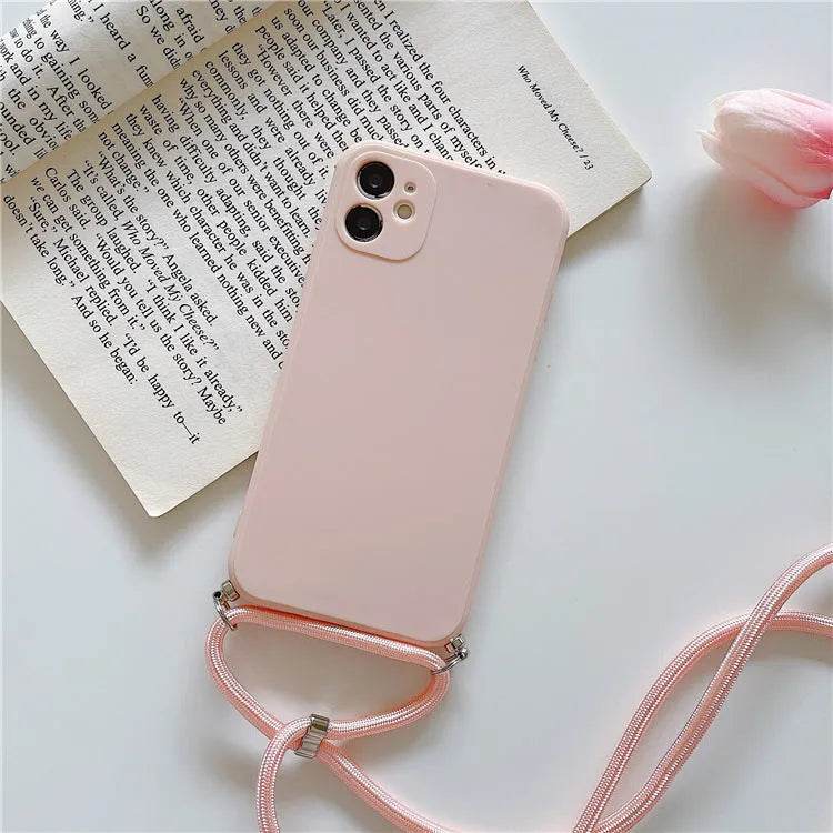 Solid Color Diagonal Lanyard Phone Case Silicone Couple Phone Case - www.Shopthatapp.com