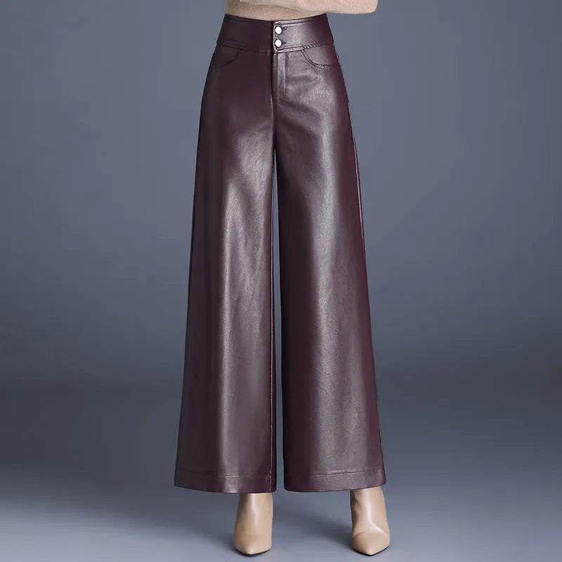 High Waist Thick Loose Big Leg Straight All-matching Wide Leg Leather trouser Pants For Women - www.Shopthatapp.com
