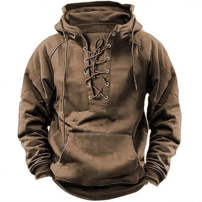 Men's Outdoor Retro Lace-up Hooded Long-sleeved T-shirt Casual Pullover top sweatshirt - www.Shopthatapp.com