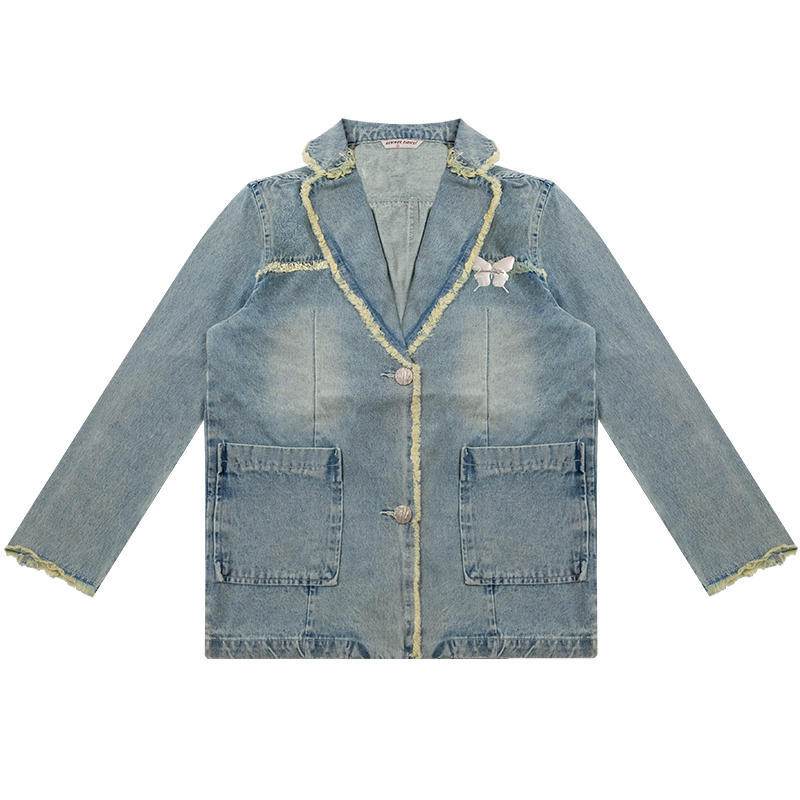 Loose Denim Jacket Polo Collar Single-Breasted Design - www.Shopthatapp.com