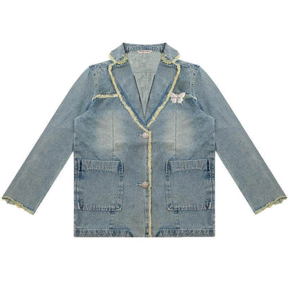 Loose Denim Jacket Polo Collar Single-Breasted Design - www.Shopthatapp.com