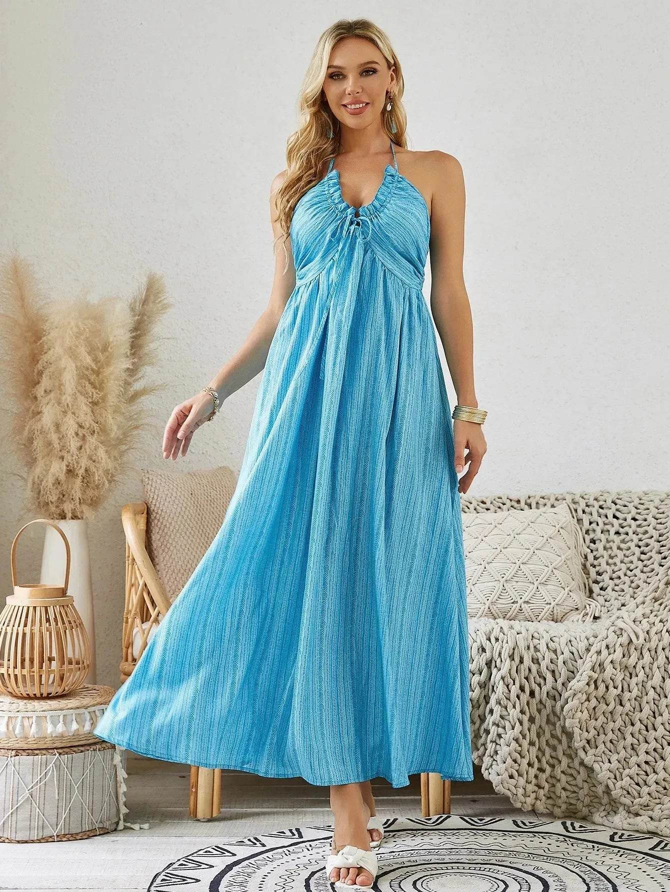 Bohemian Halter Maxi Dress - Women's Summer Sleeveless Flowy Beach Dress - www.Shopthatapp.com
