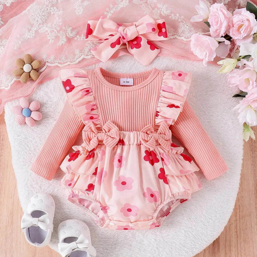 One-piece Romper Pants Bow Headdress Suit Baby girl casual pink romper with head bowtie - www.Shopthatapp.com