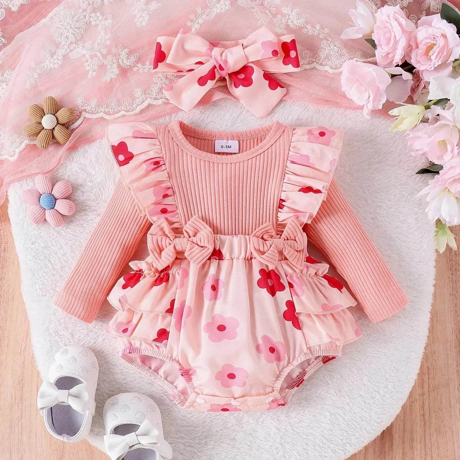 One-piece Romper Pants Bow Headdress Suit Baby girl casual pink romper with head bowtie - www.Shopthatapp.com