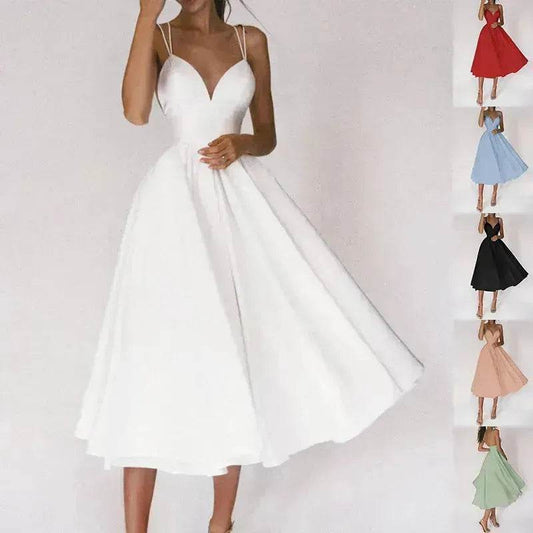 Charming V-neck Suspender Dress Summer Fashion A-Line Long Dresses For Women Sleeveless Skater Dress for Wedding cocktail evening  dinner party events - www.Shopthatapp.com