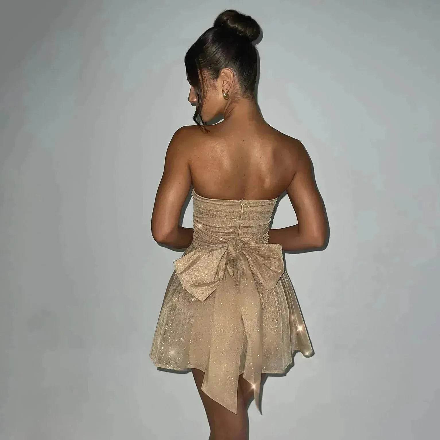 Tube Top Lace Dress With Back Bow-knot Summer Fashion Temperament Mesh Stitching Off-neck Short Mini Skater Dress - www.Shopthatapp.com