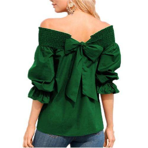 Spring Summer Women Off Shoulder Strapless Blouse top Bowknot Slash Neck Casual Loose Plus Size top - www.Shopthatapp.com