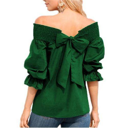 Spring Summer Women Off Shoulder Strapless Blouse top Bowknot Slash Neck Casual Loose Plus Size top - www.Shopthatapp.com