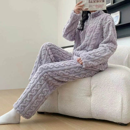 Autumn And Winter New Twist Zipper Couple Fleece-lined Thick Coral Fleece Pajamas Homewear Loungewear Sleepwear For Sleeping - www.Shopthatapp.com