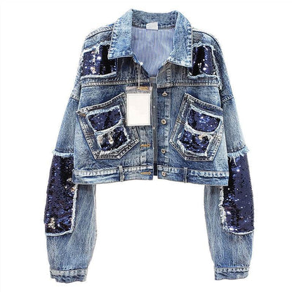 Heavy Industry Sequins Short Doll Sleeve Denim Jacket Women - www.Shopthatapp.com