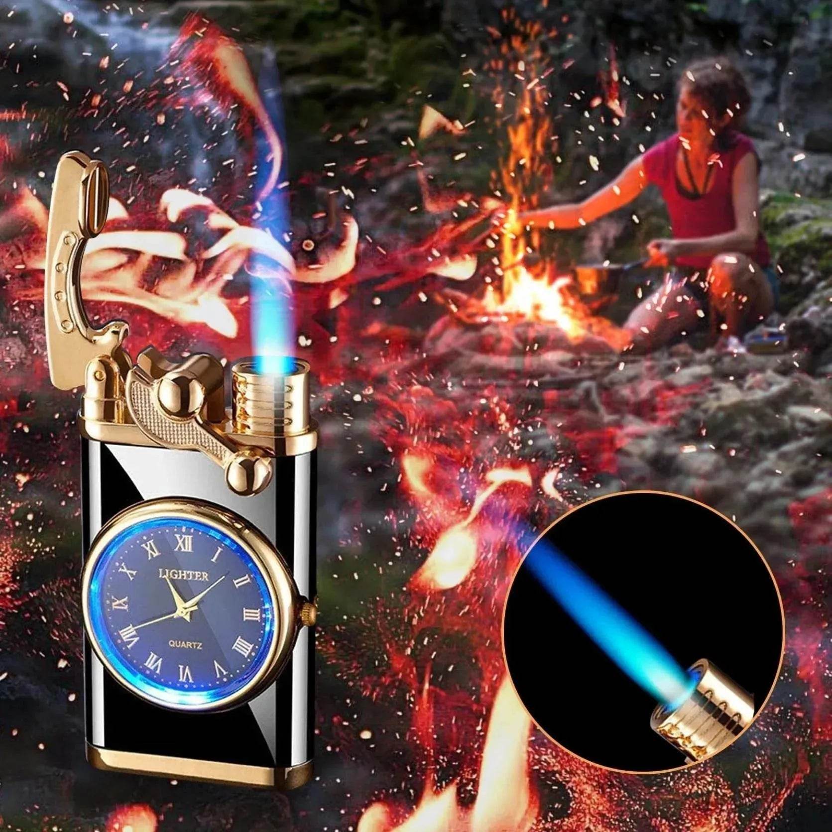 New Lighter With Electric Watch Rocker Arm Automatic Ignition Straight Blue Flame Lighter Creative Real Dial Inflatable Windproof Cigar Lighter Men's Watch Gift - www.Shopthatapp.com