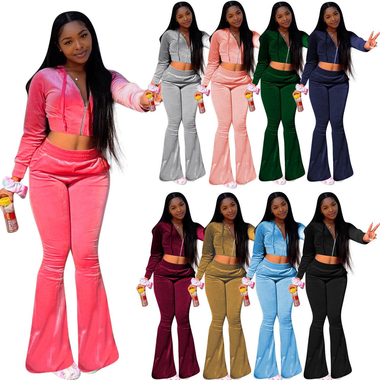 Women 2pcs Velvet Hoodie Wide leg Pant Crop top sweatsuit Athleisure Outfit - www.Shopthatapp.com