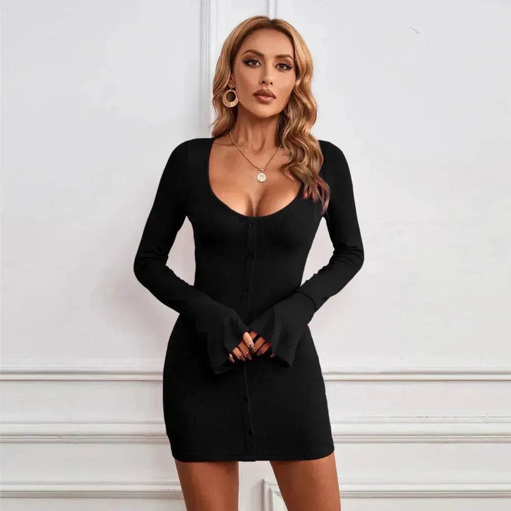 Chic Ladies Bodycon U-neck Long-sleeved Dress Charming Slim Hip-hugging Short Mini  Dresses  for Women - www.Shopthatapp.com