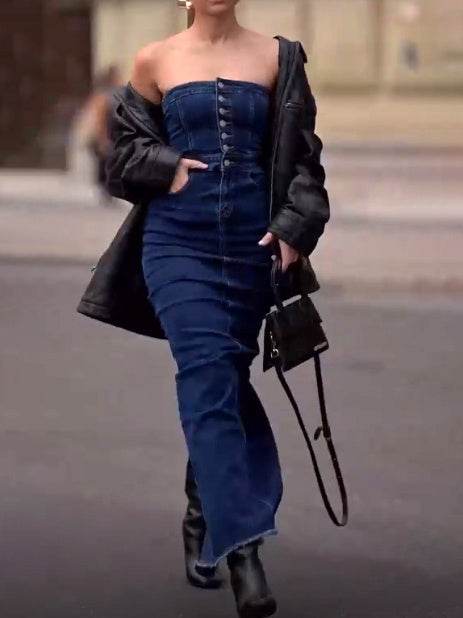 Strapless Button Denim Dress Tube top Long Jeans Dress - www.Shopthatapp.com