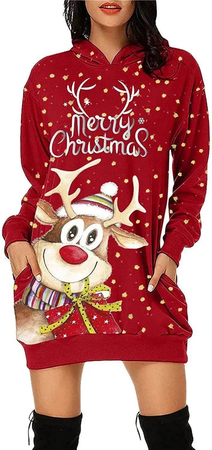 Women's Long-sleeved Christmas Hoodie Sweatshirt Dress Winter - www.Shopthatapp.com