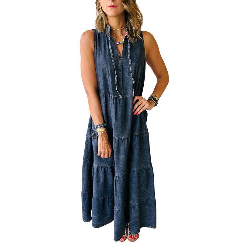 Women's Sleeveless Denim Fashion Retro High Waist Layered Dress - www.Shopthatapp.com