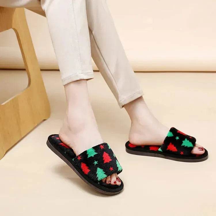 Christmas Tree Home Slippers Fashion Floor Bedroom Open-toe Plush Slippers For Women Fuzzy House Shoes - www.Shopthatapp.com