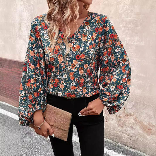 Women's V-neck Lantern Long Sleeve Shirt Autumn casual blouse top - www.Shopthatapp.com