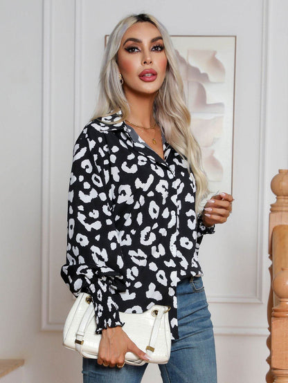 Leopard Print Lantern Sleeve Blouse Shirt top for Women - www.Shopthatapp.com