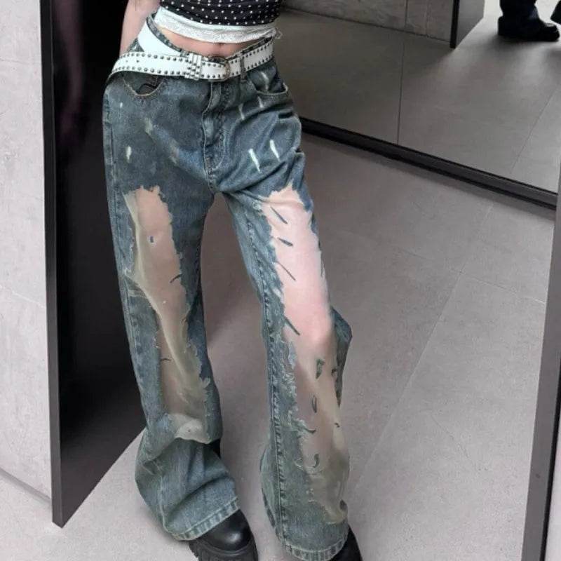 Retro Washed Ripped Baggy Jeans Pant For Women Summer Hollow Out - www.Shopthatapp.com