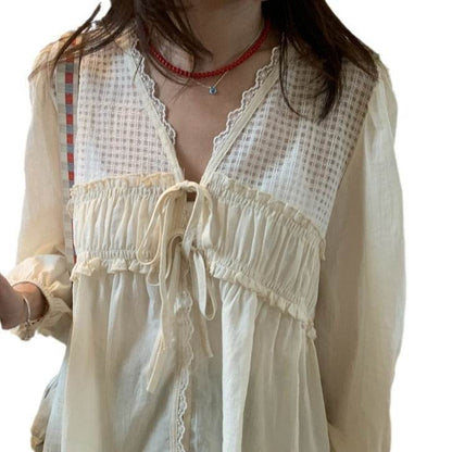 Casual Spring Summer New Retro Elegant V-neck Linen everyday blouse top - www.Shopthatapp.com