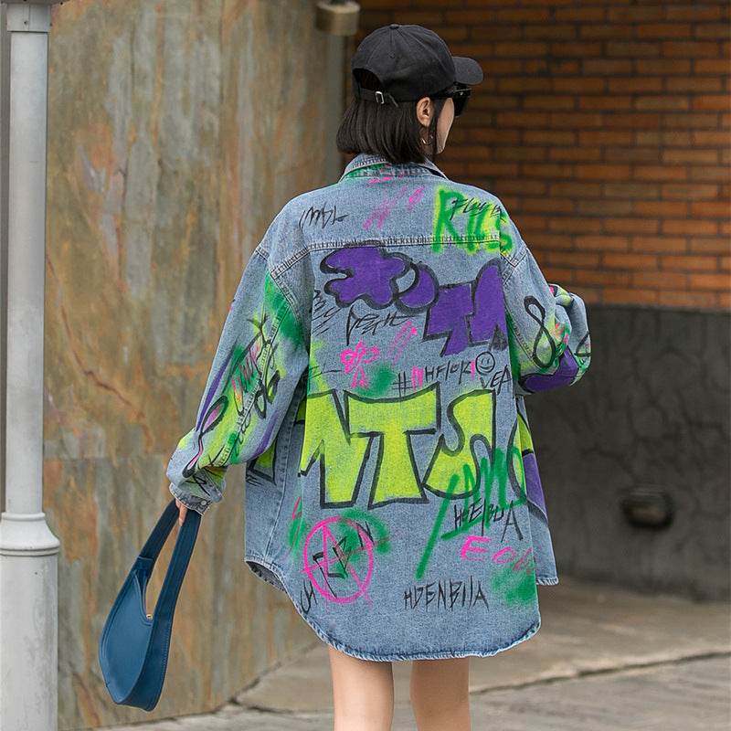 Oversized Graffiti Print Denim Jacket Women Loose Fried Street fashion - www.Shopthatapp.com