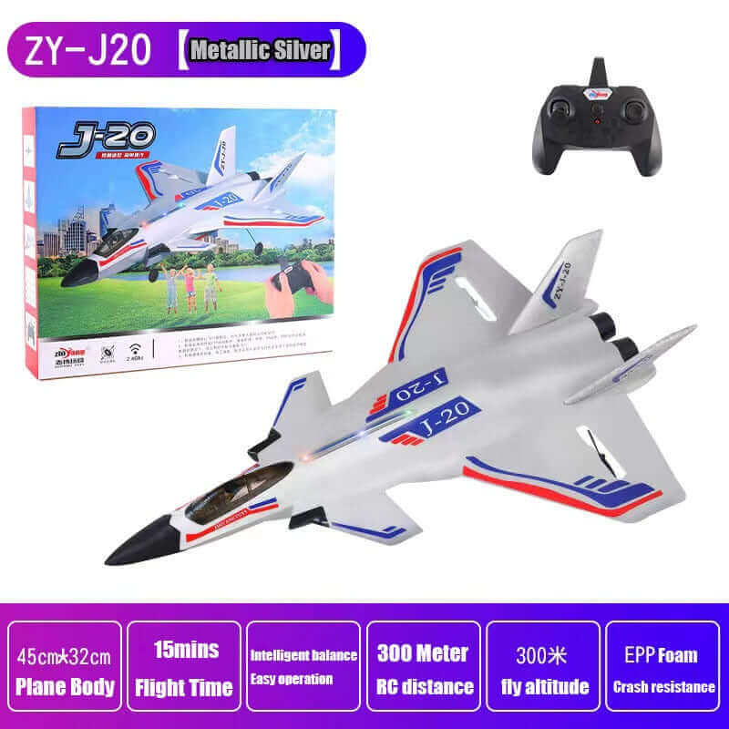2.4GHz J20 RC Fighter Jet with Cool Lights - Remote Control Fixed-Wing Aircraft Made of Durable Foam - Model Glider Toy with Auto-Balance Feature and 300 Meter Range - www.Shopthatapp.com #