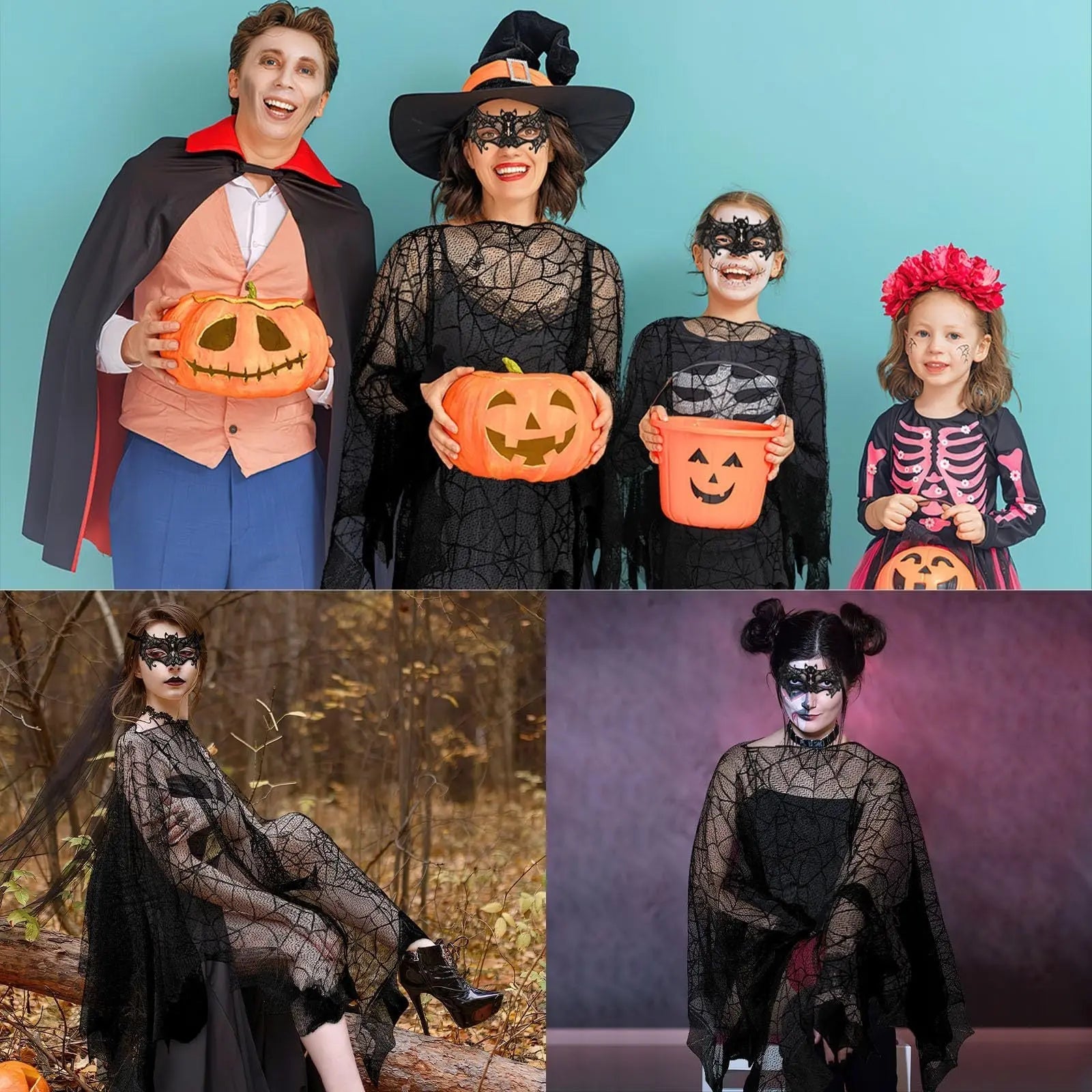 2 Pcs Halloween Poncho For Women Black Bat Spider Web Poncho And Lace Mask Masquerade Mask Halloween Party Cosplay Costume Accessory Day Of The Dead Costume,Cannot Be Listed On Amazon Platform - www.Shopthatapp.com