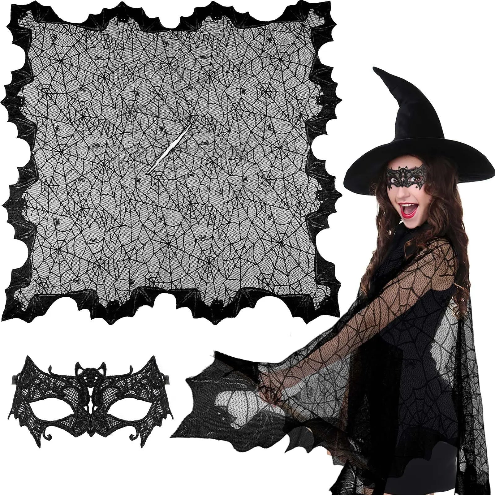 2 Pcs Halloween Poncho For Women Black Bat Spider Web Poncho And Lace Mask Masquerade Mask Halloween Party Cosplay Costume Accessory Day Of The Dead Costume,Cannot Be Listed On Amazon Platform - www.Shopthatapp.com