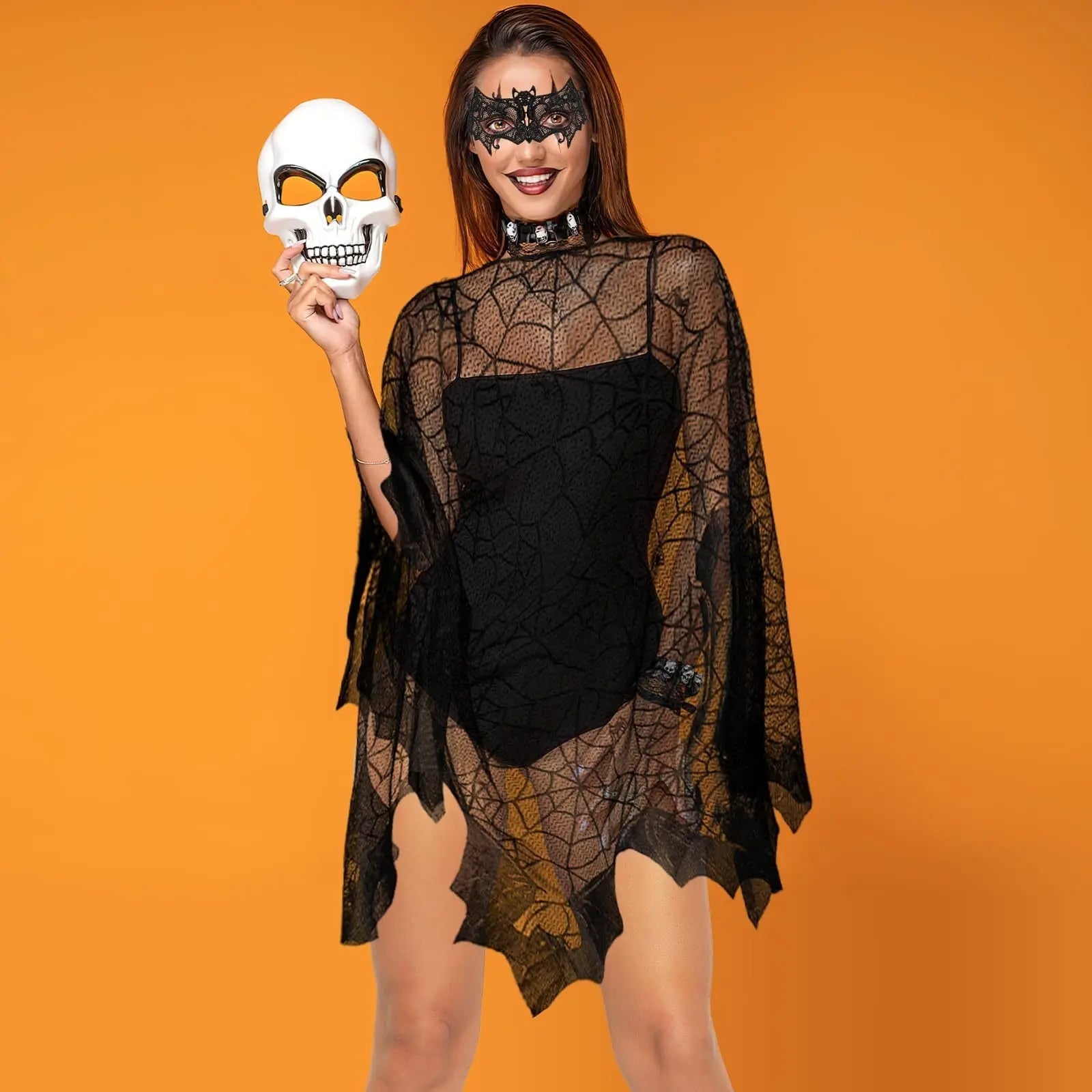 2 Pcs Halloween Poncho For Women Black Bat Spider Web Poncho And Lace Mask Masquerade Mask Halloween Party Cosplay Costume Accessory Day Of The Dead Costume,Cannot Be Listed On Amazon Platform - www.Shopthatapp.com