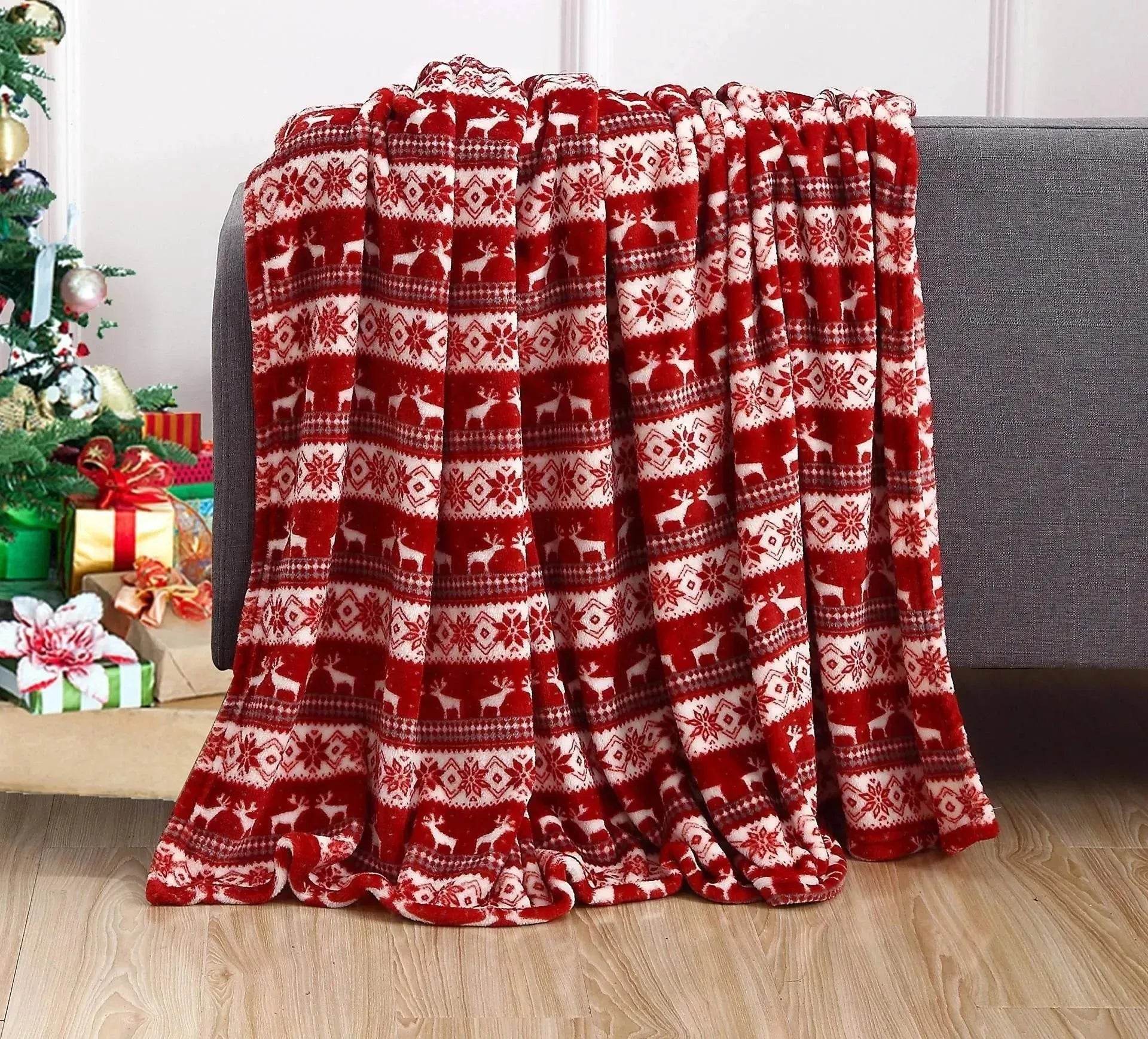 Christmas Elk Snowman Santa Claus Print Blanket Winter Double-sided Flannel Blanket For Sofa Sleeping Shawl - www.Shopthatapp.com