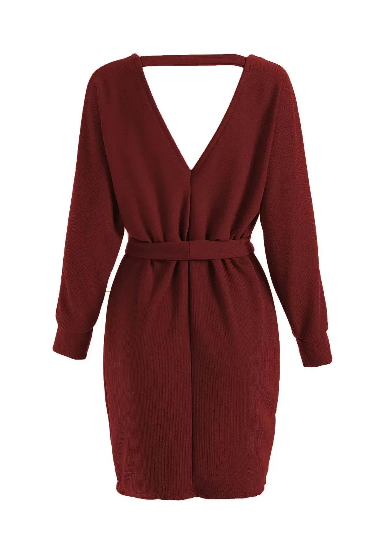 Autumn Winter Slim Fit V-neck Mini Wrap Sweater Dress - www.Shopthatapp.com