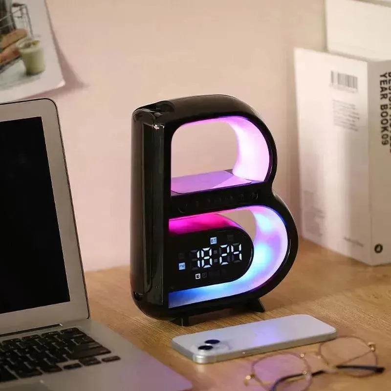 2025 New B-Shaped Portable Bluetooth Speaker Multifunctional Smart Music Rhythm LED Lighting Phone Wireless Charger TF Card AUX Input Standard Mode - www.Shopthatapp.com