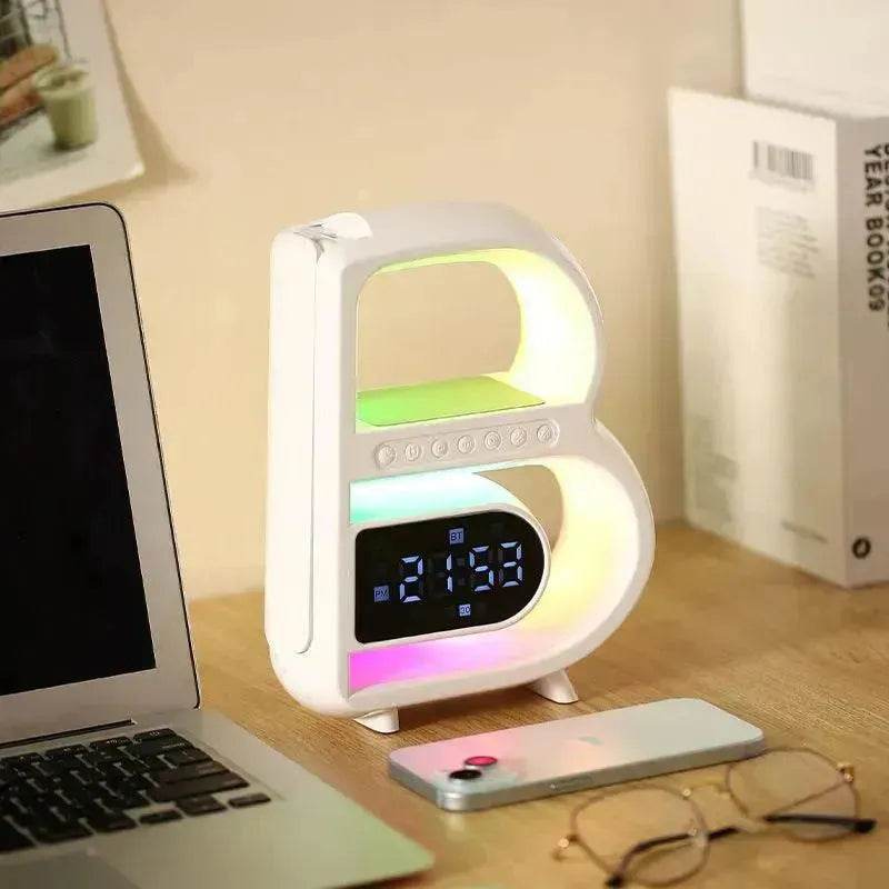 2025 New B-Shaped Portable Bluetooth Speaker Multifunctional Smart Music Rhythm LED Lighting Phone Wireless Charger TF Card AUX Input Standard Mode - www.Shopthatapp.com