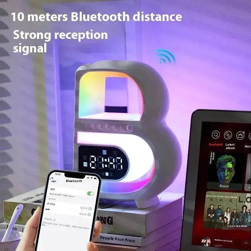 2025 New B-Shaped Portable Bluetooth Speaker Multifunctional Smart Music Rhythm LED Lighting Phone Wireless Charger TF Card AUX Input Standard Mode - www.Shopthatapp.com