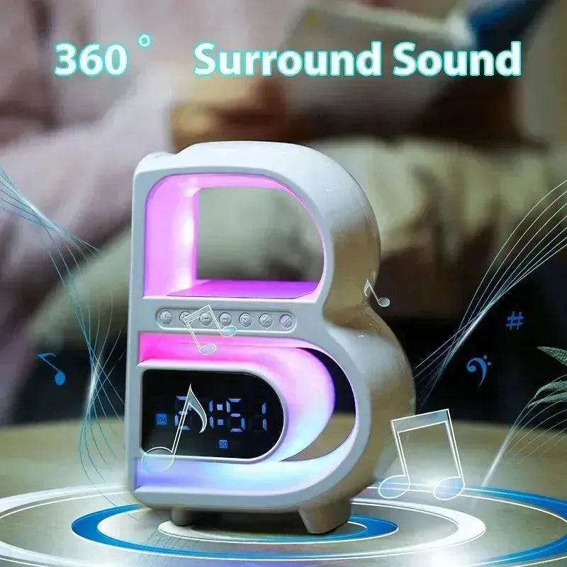 2025 New B-Shaped Portable Bluetooth Speaker Multifunctional Smart Music Rhythm LED Lighting Phone Wireless Charger TF Card AUX Input Standard Mode - www.Shopthatapp.com
