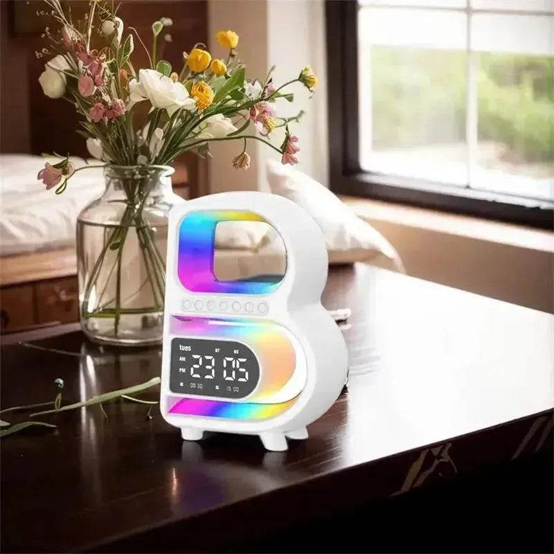 2025 New B-Shaped Portable Bluetooth Speaker Multifunctional Smart Music Rhythm LED Lighting Phone Wireless Charger TF Card AUX Input Standard Mode - www.Shopthatapp.com