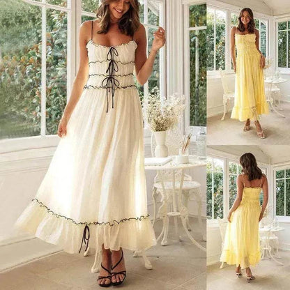 2025 Summer Suspender Spaghetti Strap Long Dresses With Bow Pleat Design Fashion Sweet Bow Beach Dress For Womens Clothing - www.Shopthatapp.com
