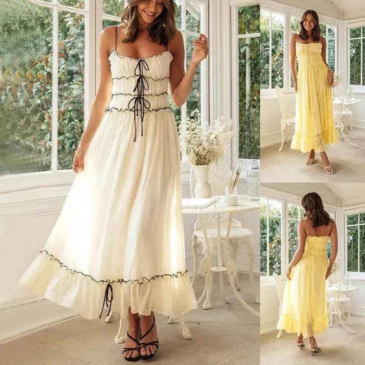 2025 Summer Suspender Spaghetti Strap Long Dresses With Bow Pleat Design Fashion Sweet Bow Beach Dress For Womens Clothing - www.Shopthatapp.com