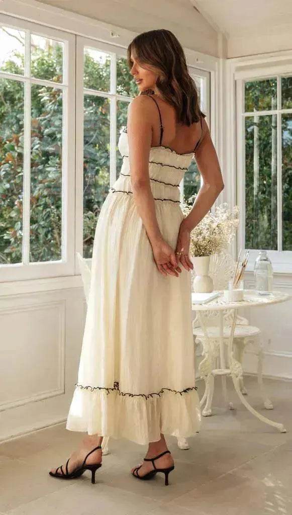 2025 Summer Suspender Spaghetti Strap Long Dresses With Bow Pleat Design Fashion Sweet Bow Beach Dress For Womens Clothing - www.Shopthatapp.com