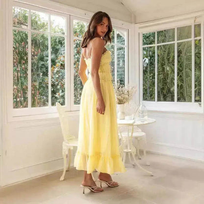 2025 Summer Suspender Spaghetti Strap Long Dresses With Bow Pleat Design Fashion Sweet Bow Beach Dress For Womens Clothing - www.Shopthatapp.com