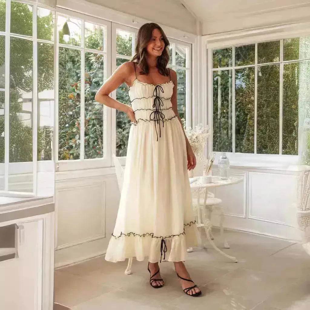 2025 Summer Suspender Spaghetti Strap Long Dresses With Bow Pleat Design Fashion Sweet Bow Beach Dress For Womens Clothing - www.Shopthatapp.com
