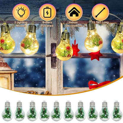 1Pc 13.78FT Christmas Snow Globe String Light Battery Powered 10 LED Bulbs Indoor Christmas Lights With Pine Needles Snowflakes Berries - www.Shopthatapp.com
